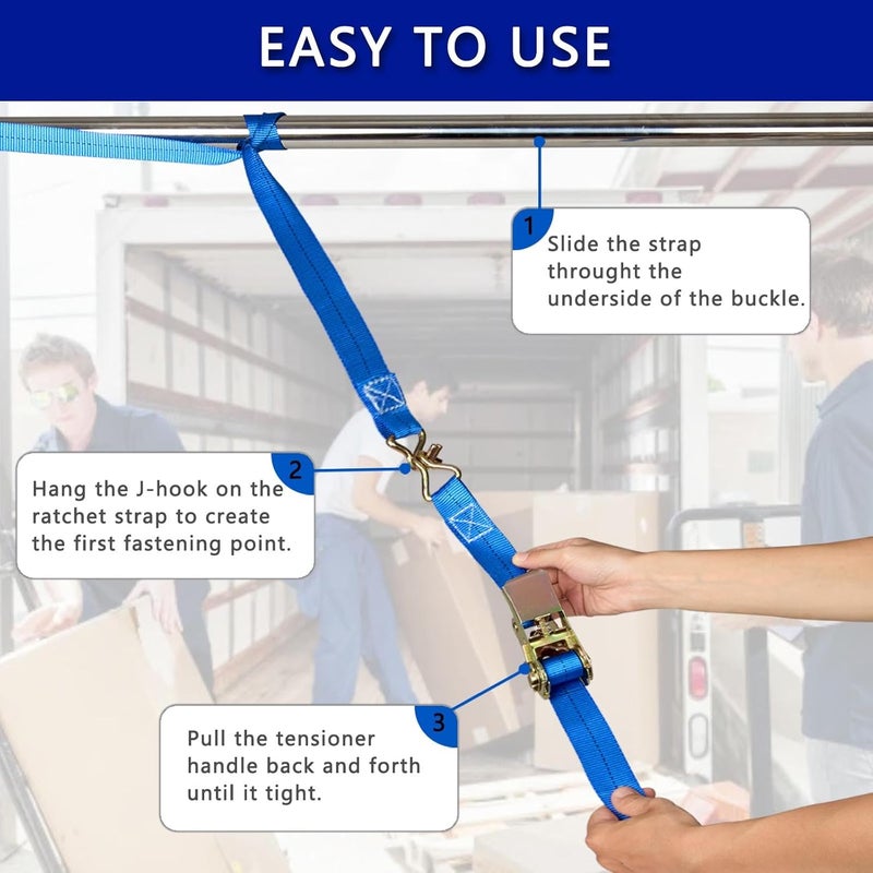 Sweecomb Ratchet Straps (4-Pack), 1 Inch x 16.4 Feet (2200lb Break Strength) with Sturdy Metal Hooks, 1x Work Gloves, Heavy Duty Tie Down Straps for Truck, Cargo Trailer, Motorcycle, Luggage, Moving (Blue) - Image 5